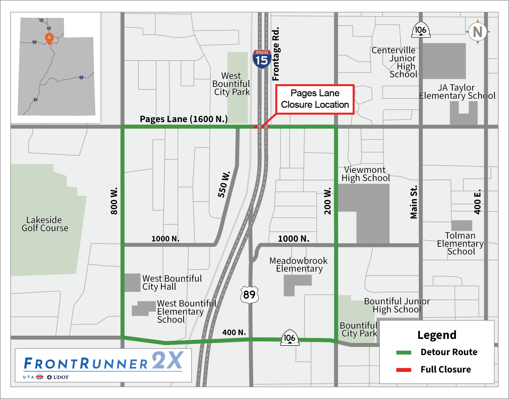 Detour map showing detour for Pages Lane around 800 West, 400 North and 200 West