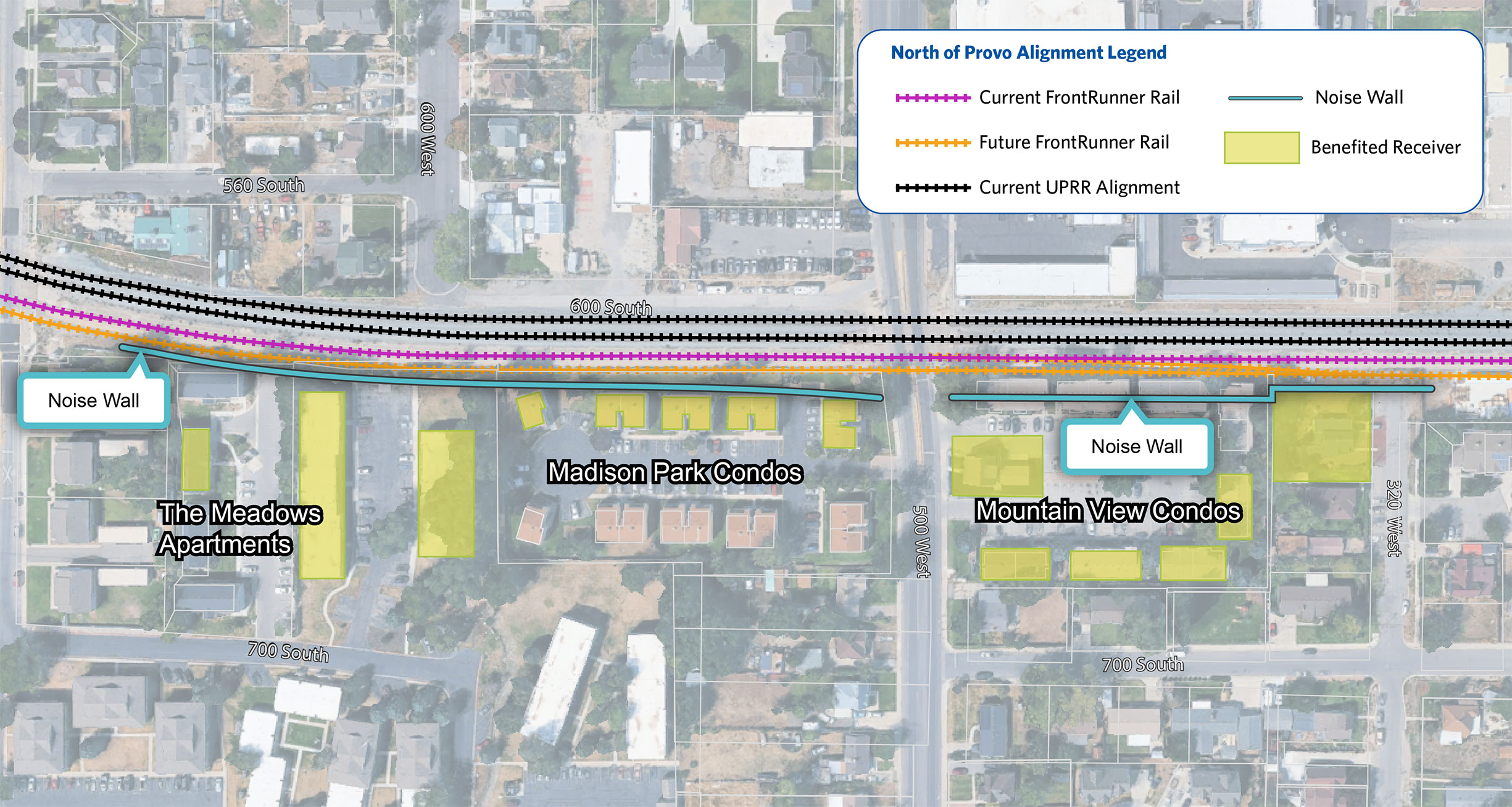 Map of the FrontRunner 2X Provo Section proposed alignment, proposed noise wall locations, and benefited receivers.