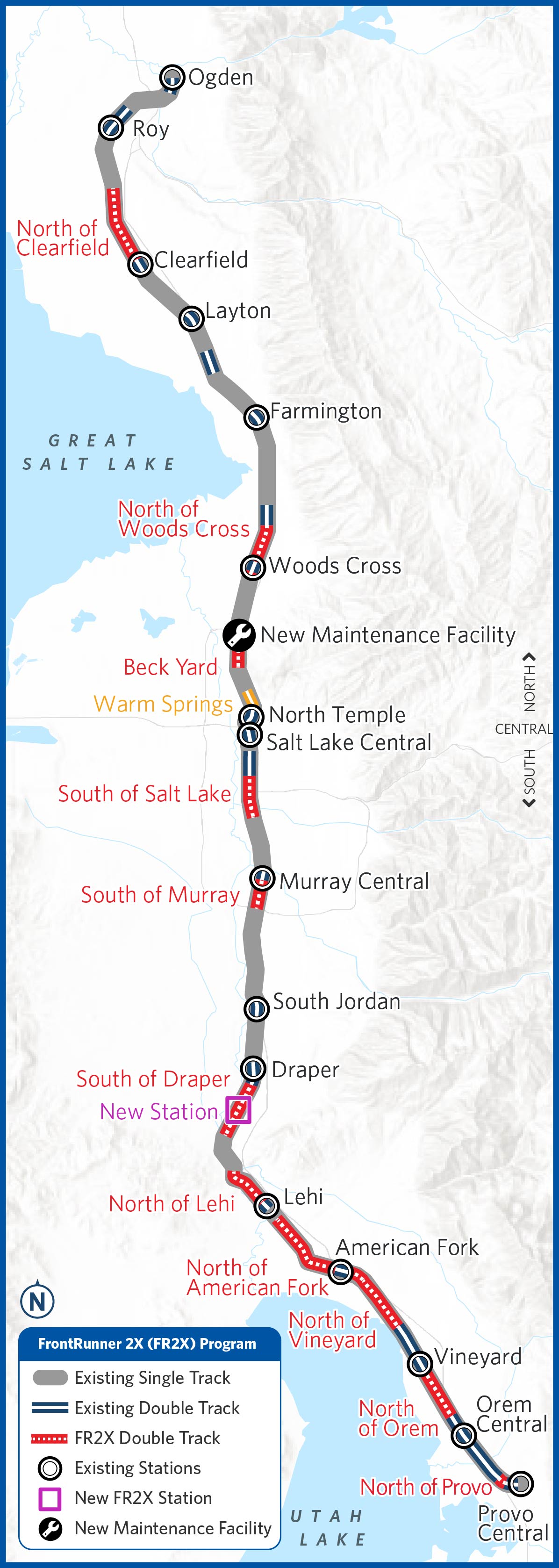 A map of the FrontRunner 2X route between Ogden and Provo Central highlights the planned 2X realignment, planned 2X double track, existing 2X double track, existing single track, and existing FrontRunner stations. More information on the individual realignment and planned double track segments are available by selecting the clickable segments on the map.