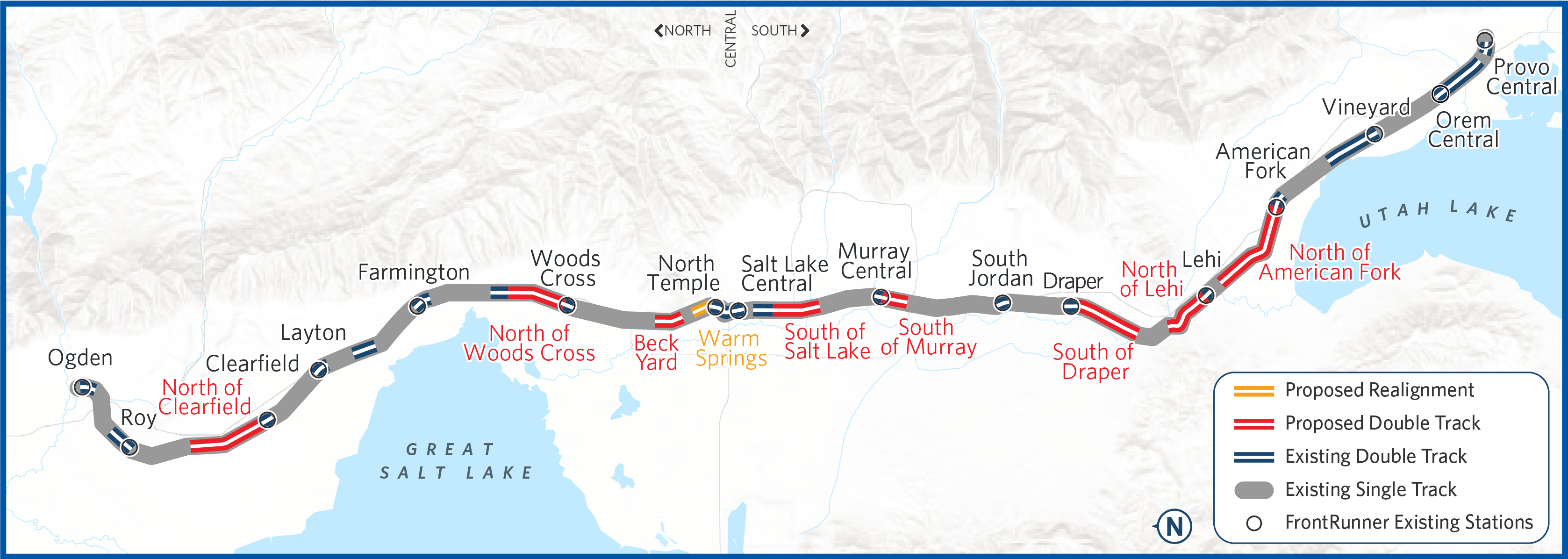 A map of the FrontRunner 2X route between Ogden and Provo Central highlights the planned 2X realignment, planned 2X double track, existing 2X double track, existing single track, and existing FrontRunner stations. More information on the individual realignment and planned double track segments are available by selecting the clickable segments on the map.