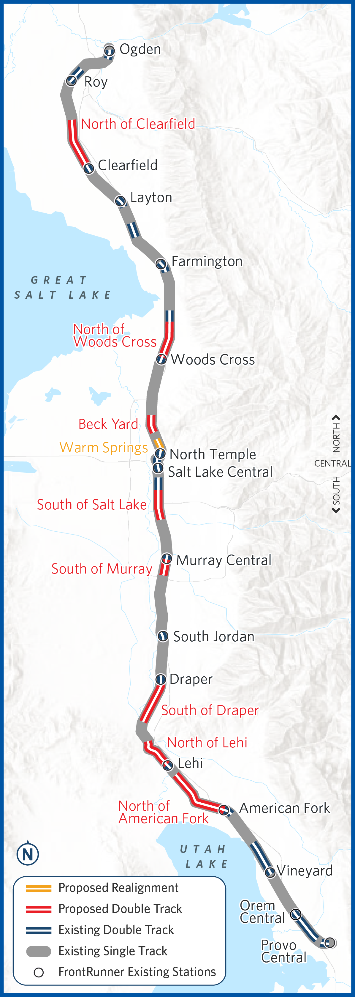 A map of the FrontRunner 2X route between Ogden and Provo Central highlights the planned 2X realignment, planned 2X double track, existing 2X double track, existing single track, and existing FrontRunner stations. More information on the individual realignment and planned double track segments are available by selecting the clickable segments on the map.