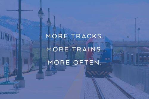 Picture of FrontRunner 2X train pulling away from a station with a blue overlay and the text: More tracks, more trains, more often.